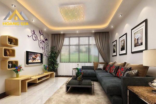Phòng khách sử dụng đèn led âm trần kết hợp đèn mâm pha lê sang trọng