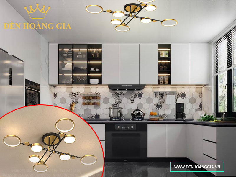 Phòng bếp lắp đèn led ốp trần phong cách hiện đại tối giản