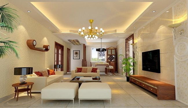 Đèn led âm trần phòng khách kết hợp với đèn chùm và đèn hắt trần