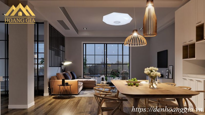 Ứng dụng đèn LED ốp trần Galaxy Plus cho căn hộ có phòng khách cạnh bàn ăn - bếp
