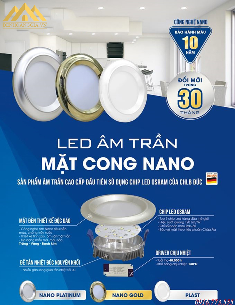 Cấu tạo của đèn led âm trần mặt cong Nano Plast 5w viền trắng