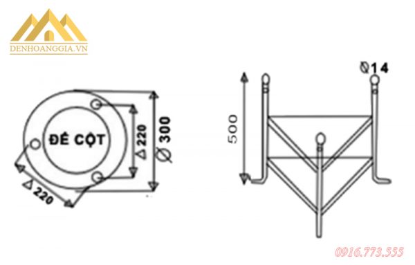 Kích thước đế trụ và tay của đèn trụ sân vườn DHG-CSVCD2B0028