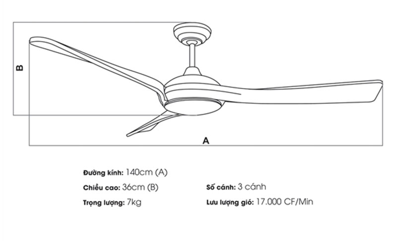 Kích thước của quạt trần cao cấp Kaiyo IWA-218 3 cánh Nhật Bản