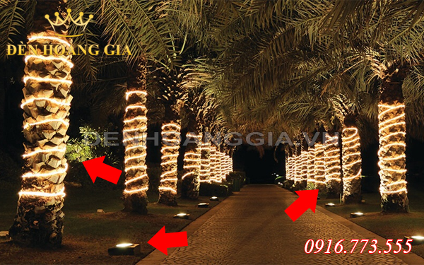 Dùng đèn led dây quấn quanh thân cây đơn giản và đẹp