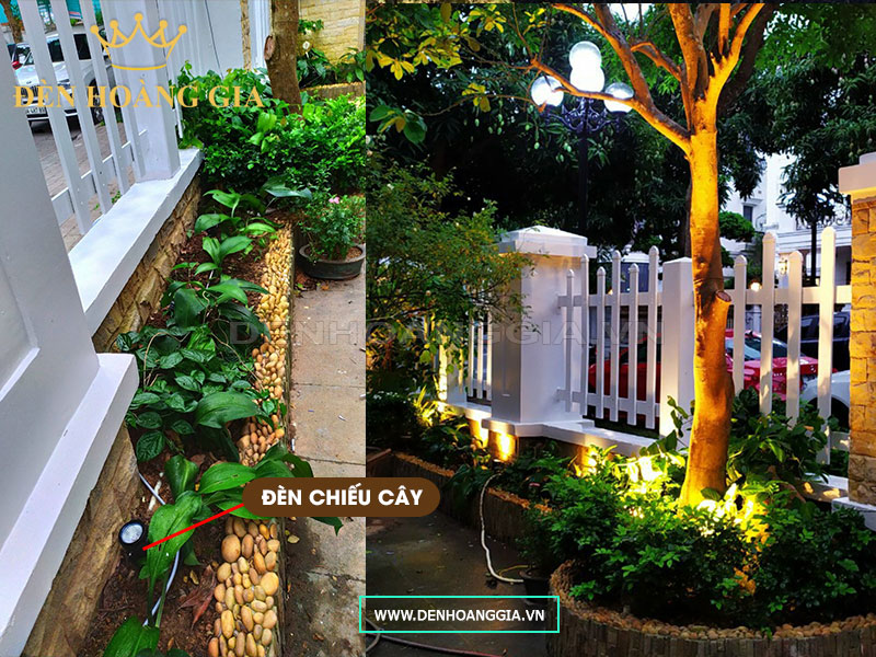 Ứng dụng lắp đèn chiếu cây cho bụi cây trồng ven tường, bụi cây trồng trong bồn