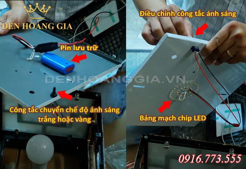 Cấu tạo công tắc và bản mạch chip led đèn trụ cổng NLMT