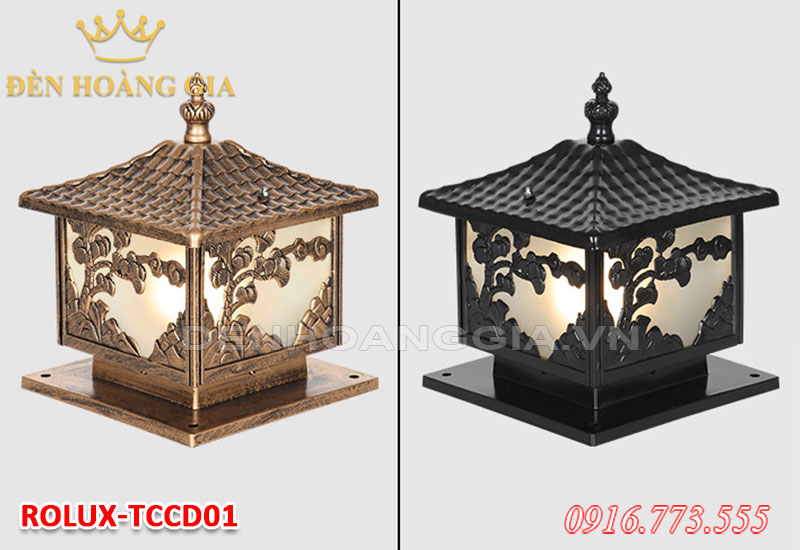 Đèn trụ cổng bằng nhôm thường được sơn màu vàng giả đồng mang phong cách cổ điển hoặc màu đen bóng tạo sự sang trọng, hiện đại