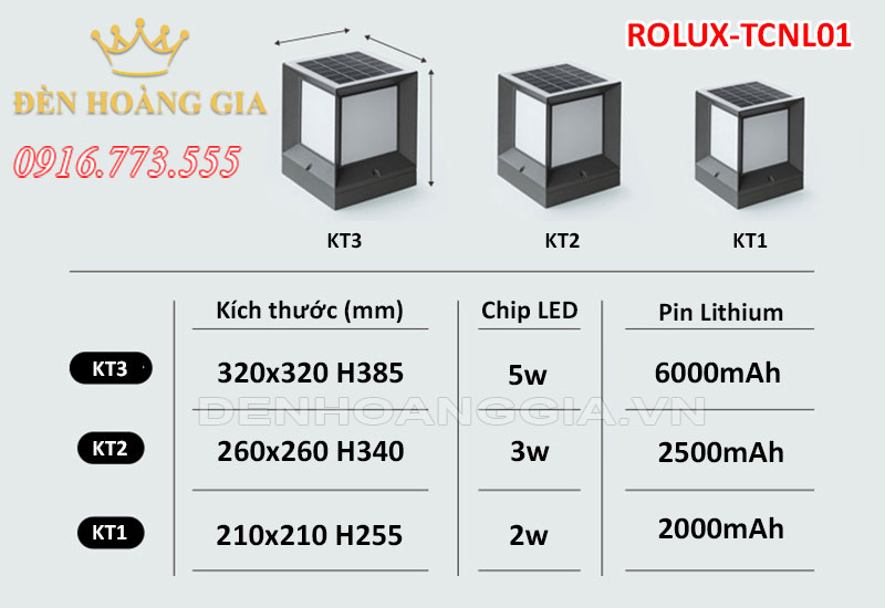 Bảng thông số đèn trụ cổng năng lượng mặt trời ROLUX-TCNL01