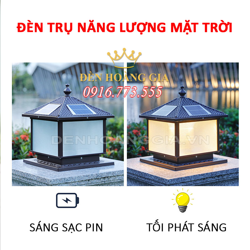 Đèn trụ năng lượng mặt trời sáng sạc pin dự trữ = tối tự phát sáng
