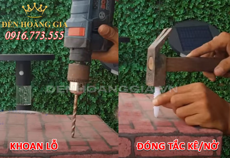 Khoan lỗ bắt vít và đóng tắc kê/nở để lắp đặt đèn led trụ cổng