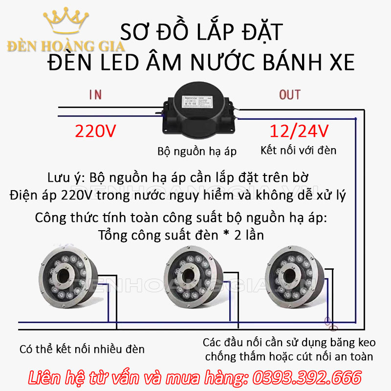 Sơ đồ lắp đặt đèn led âm nước bánh xe