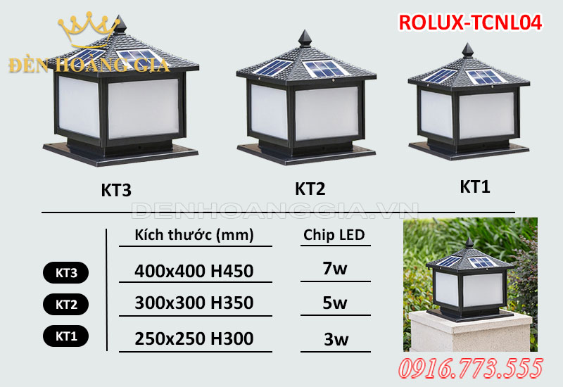 Bảng thông số kỹ thuật đèn trụ cổng NLMT ROLUX-TCNL04