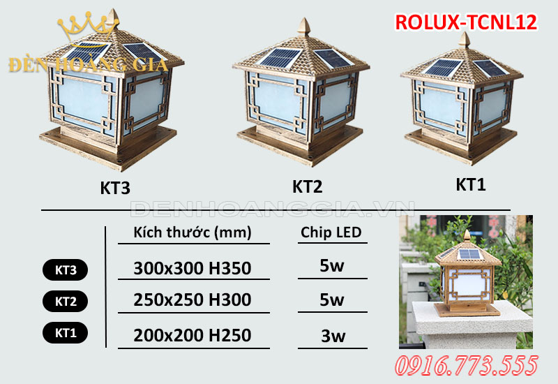 Bảng thông số kỹ thuật đèn trụ cổng NLMT ROLUX-TCNL12