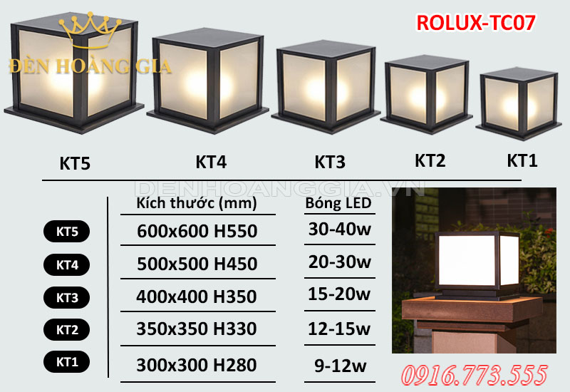 Bảng thông số kỹ thuật đèn trụ cổng ROLUX-TC07