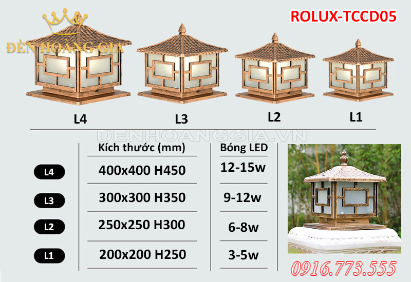 Bảng thông số kỹ thuật đèn trụ cổng ROLUX-TCCD05