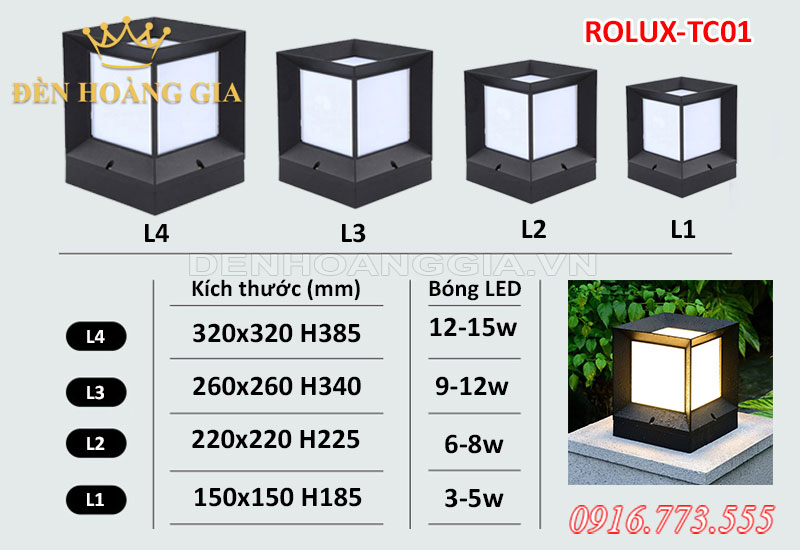 Bảng thông số kỹ thuật đèn trụ cổng ROLUX-TC01