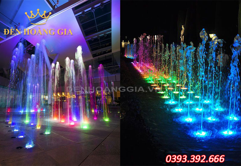 Công trình đài phun nước kết hợp đèn led âm nước bánh xe các màu