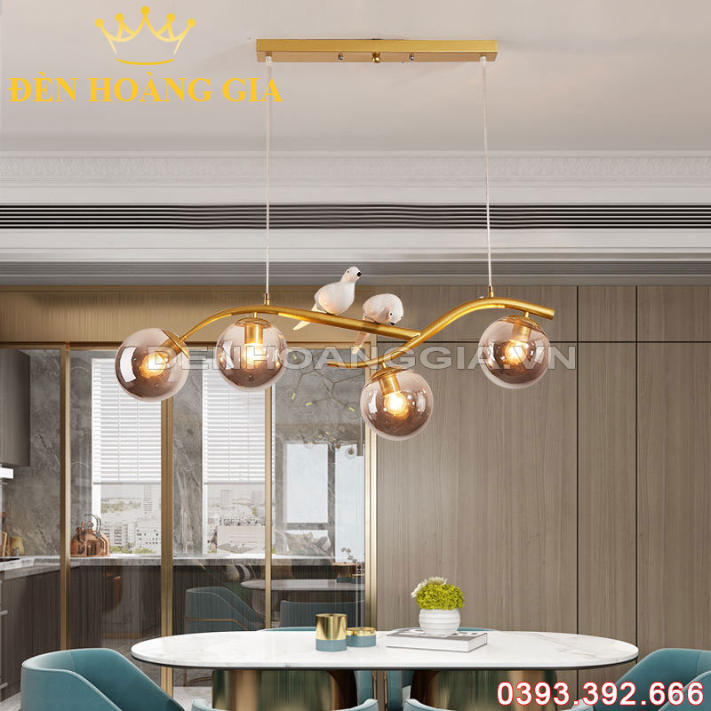 Đèn Led thả trang trí 2 con chim 4 bóng Gold Rolux-DLT4B8818G