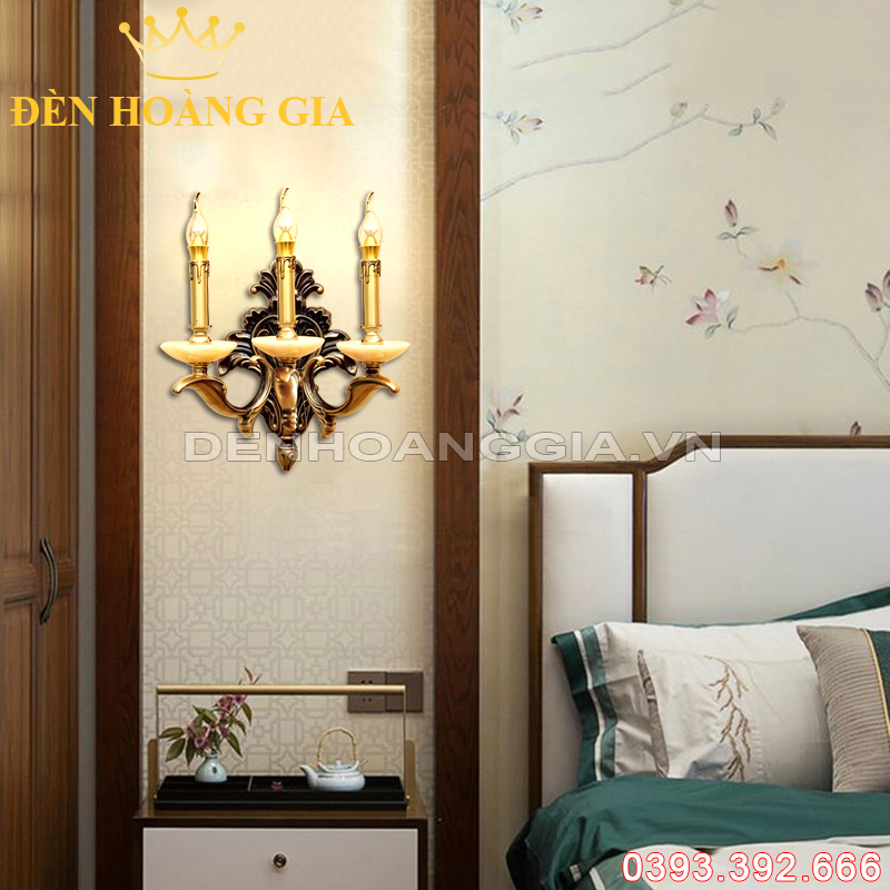 Đèn Led tường nến Đồng đá ba tay cổ điển Rolux-DTND3D9259