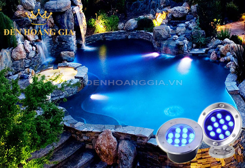 Công trình lắp đèn led âm nước màu xanh dương