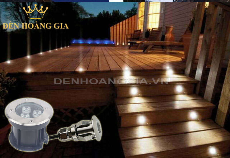 Lắp đèn led âm đất trang trí chiếu sáng sàn gỗ ngoài trời
