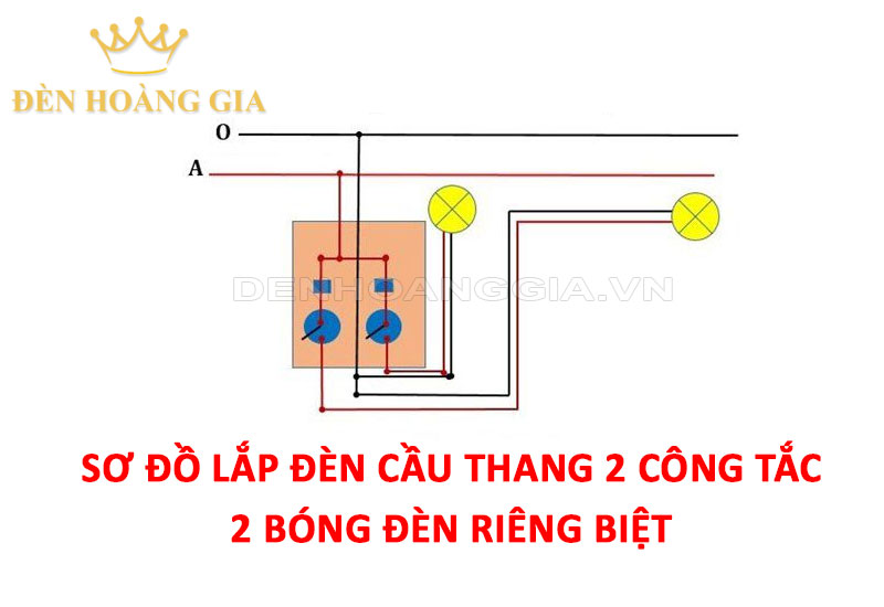 Sơ đồ lắp đèn cầu thang 2 công tắc 2 bóng đèn riêng biệt