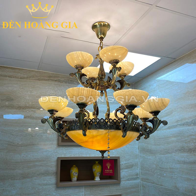 Đèn chùm đồng đá 12 tay hoa mai Rolux-DCD6353-12