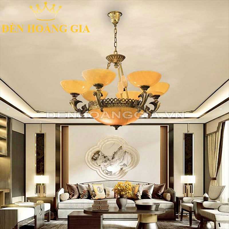 Đèn chùm đồng đá 6 tay hoa mai Rolux-DCD6353-6