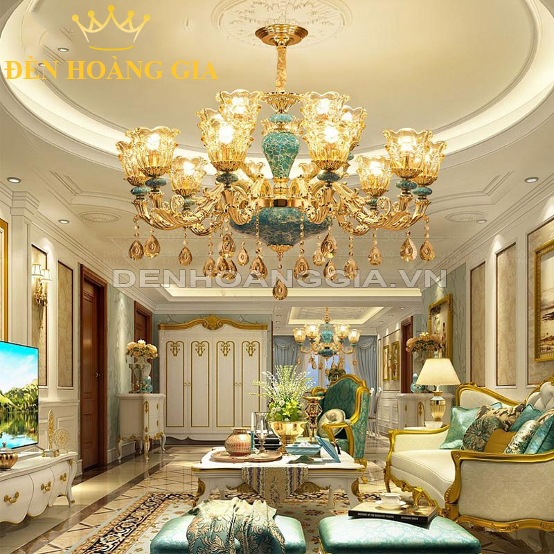 Đèn chùm ngọc gốm xanh 15 tay Rolux-DCD2021-15