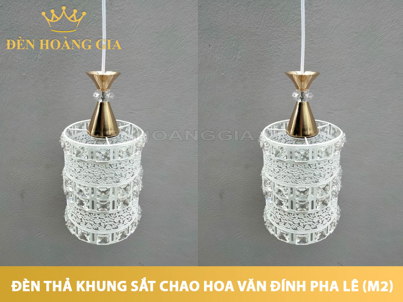 Đèn thả khung sắt chao hoa văn đính kèm hạt pha lê (M2)