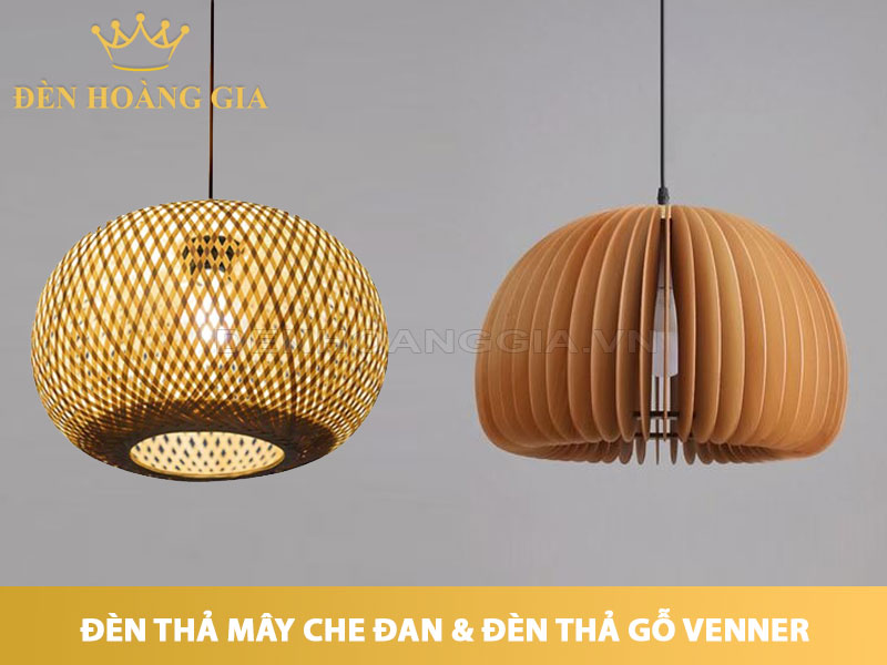 đèn thả gỗ venner và đèn thả mây tre đan