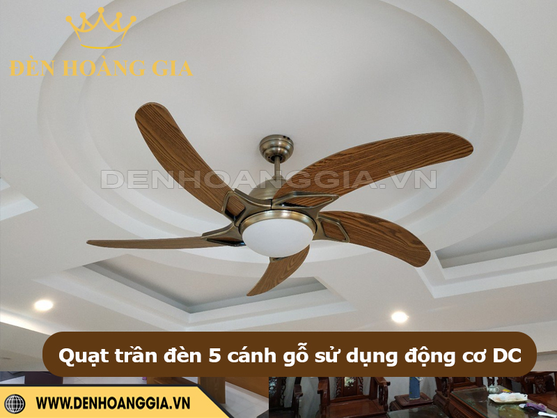 Quạt trần đèn 5 cánh gỗ sử dụng động cơ DC