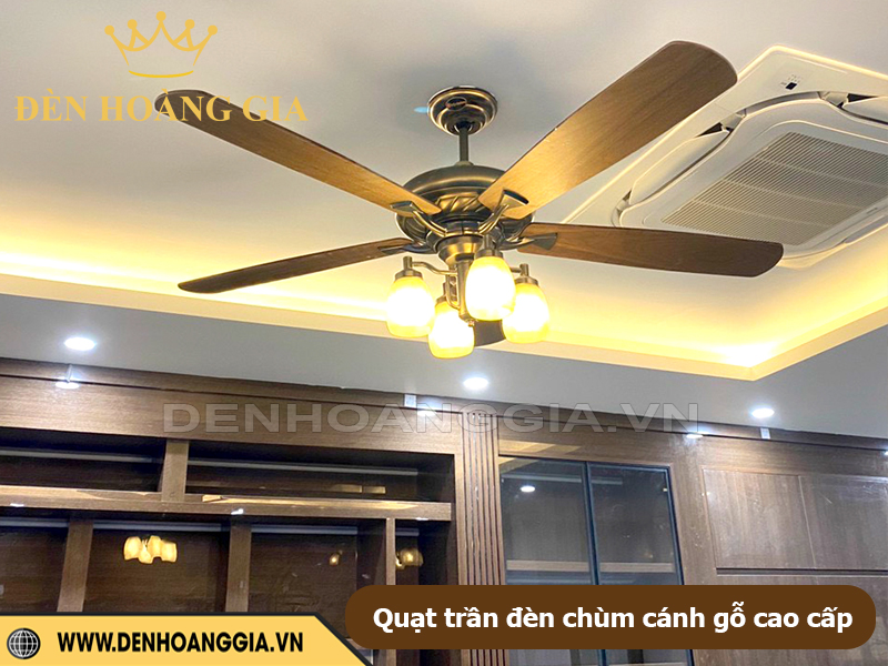 Quạt trần đèn chùm cánh gỗ cao cấp