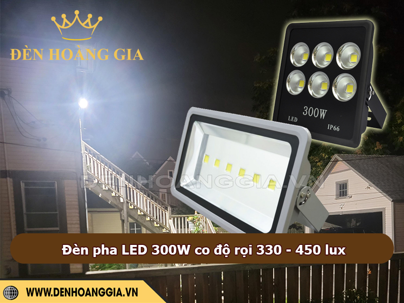 Đèn pha LED 300W sẽ cho độ rọi trung bình khoảng 330 – 450 lux / 100m2