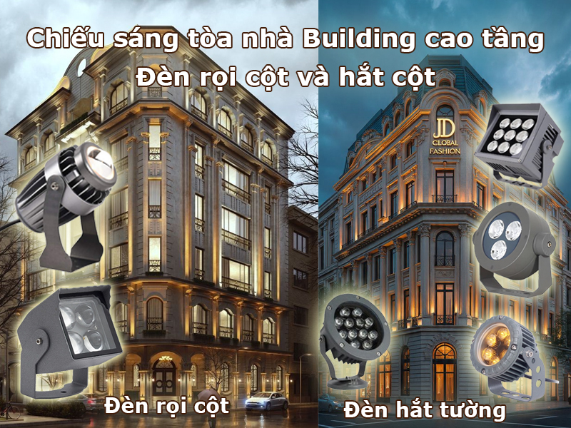 Đèn hắt tường và rọi cột chiếu sáng tòa nhà cao tầng