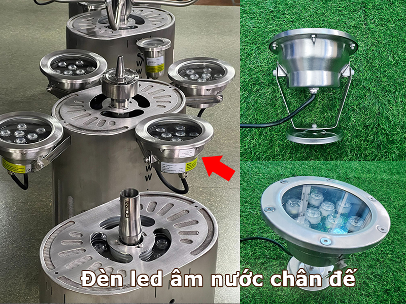 Lắp đèn led âm nước chân đế cho đài phun nước