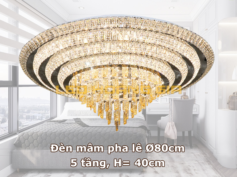 Mẫu đèn mâm pha lê phi 80cm, cao 40cm, 5 tầng